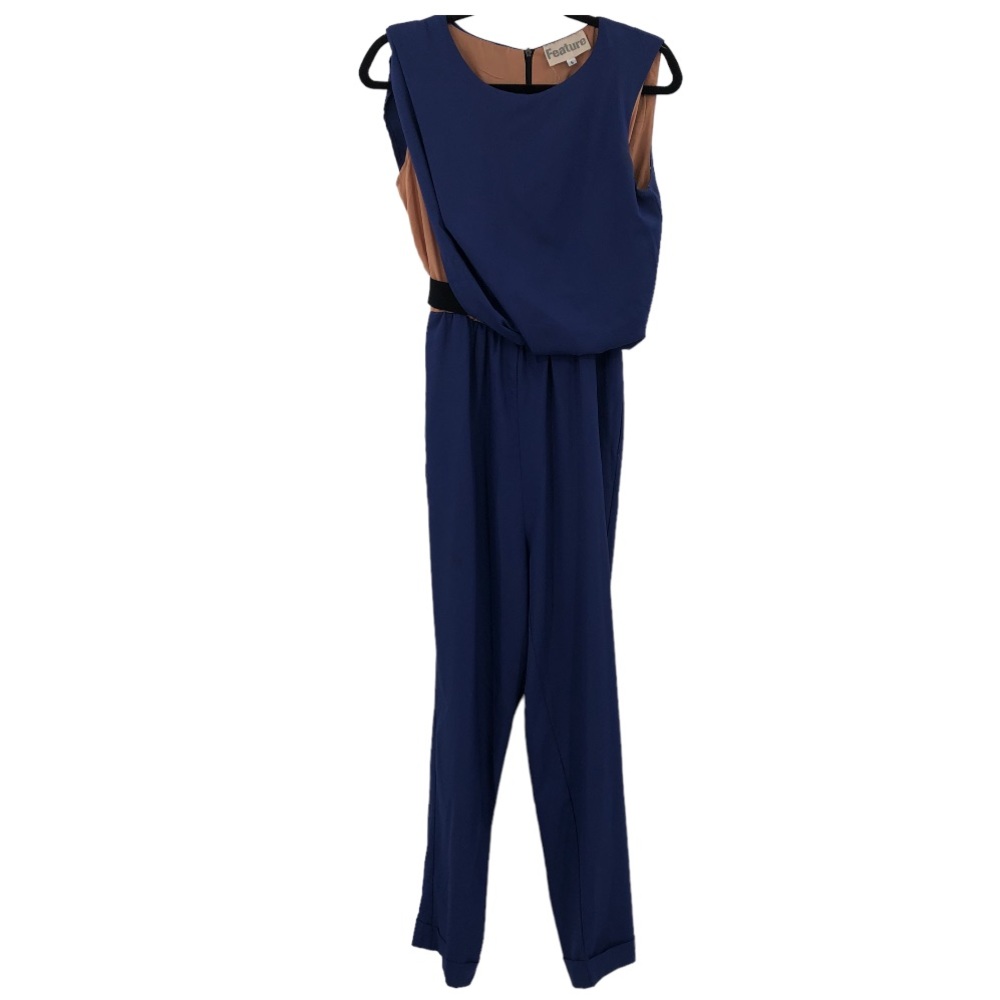 Feature Two Tone Blue Tan Chiffon Sleeveless Pant Jumpsuit Womens Small